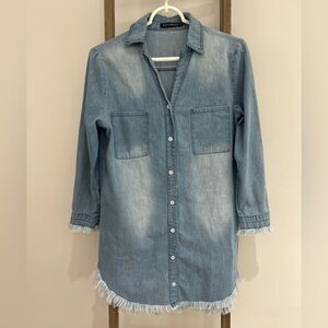 Zilcremo Light Blue Denim Shirt Dress Button Down Long Sleeve Fringe Size M